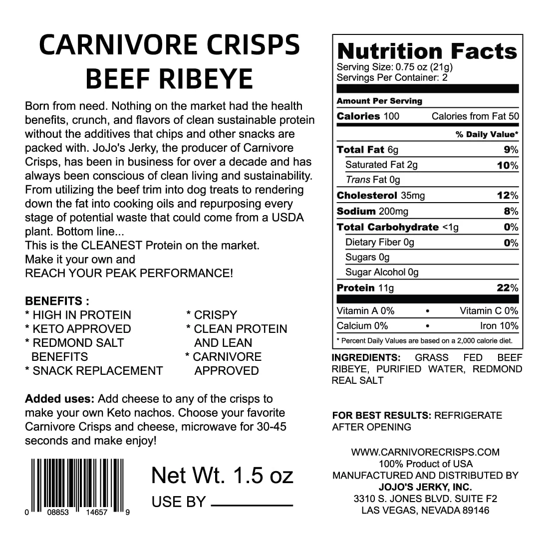 Carnivore Crisps beef ribeye, (3) 1.5 oz bag, 11 g proteins per serving, carnivore & keto diet approved