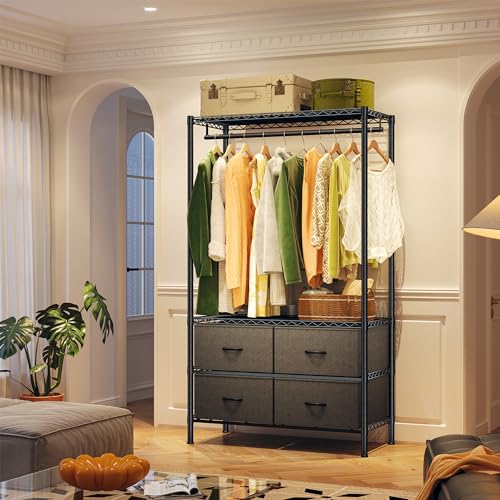 Raybee Clothing Racks with 4 Drawers, Heavy Duty Clothes Rack for Hanging Clothes Adjustable Portable Closet Freestanding Metal Clothing Rack with Shelves for Extra Closet Space, Black