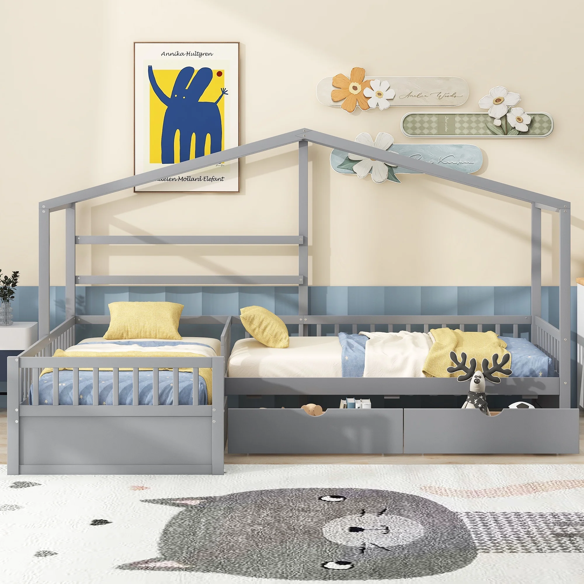 Churanty L Shaped Twin Bed for 2 Kids, Twin Size House Platform Bed with 3 Storage Drawers, Wood Double Twin Beds with Fence and Roof, Corner Twin Bed for Boys & Girls,Gray