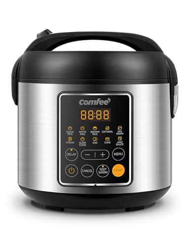 COMFEE' Compact Rice Cooker, 6-in-1 Stainless Steel Multi Cooker, Slow Cooker, Steamer, Saute, and Warmer, 2 QT, 8 Cups Cooked(4 Cups Uncooked), Brown Rice, Quinoa and Oatmeal, 6 One-Touch Programs