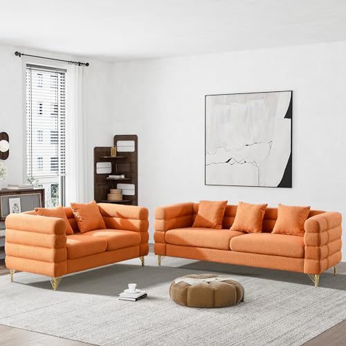 Living Room Sofa and Loveseat Set, Modern Overstuffed Boucle Sherpa Deep Seat Cloud Couch with 5 Pillows, Oversized Chesterfield Furniture Sets for Living Room Bedroom, Dark Green Teddy