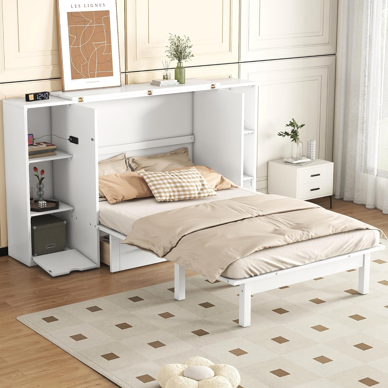 Queen Size Multifunctional Murphy Bed,Space Saving Bed Frame with Shelves,Drawers and USB Ports,White
