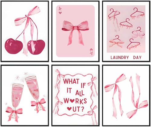 6Pcs Trendy Pink Bows Wall Art, Coquette Posters for Room Decor Aesthetic Watercolor Light Pink Bow Canvas Prints Preppy Wall Decor Pictures for Girly College Apartment Decoration, Unframed (Pink, 8x10in poster).