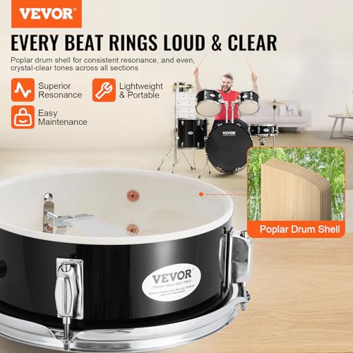 VEVOR Adult 5-Piece Drum Set, 22 Inches Complete Full Size Kit with Bass, Toms, Snare, Floor, Adjustable Throne, Stands, Cymbal, Hi-Hat Pedal and Drumsticks, Black