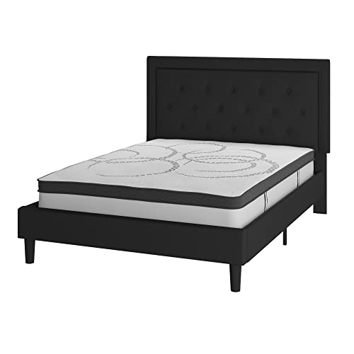 Flash Furniture Roxbury Queen Size Tufted Upholstered Platform Bed in Beige Fabric with 10 Inch CertiPUR-US Certified Pocket Spring Mattress