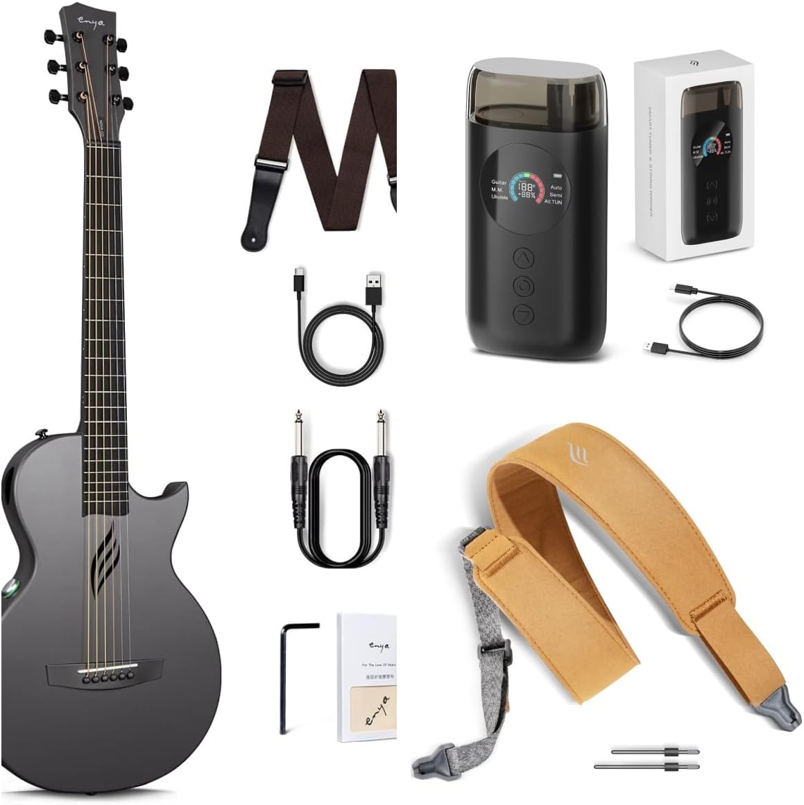 Enya NOVA Go SP1 Carbon Fiber Acoustic Electric Guitar with Smart AcousticPlus 35 Inch Travel Acustica Guitarra Starter Bundle Kit(Black) & Enya Smart Automatic Guitar Tuner & Enya Magnetic Strap