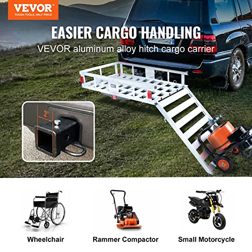 VEVOR 50 x 29.5 x 8.7 inch Hitch Cargo Carrier, 500lbs Capacity Trailer Hitch Mounted Cargo Basket, Aluminum Luggage Carrier Rack with Folding Ramp, Fits 2