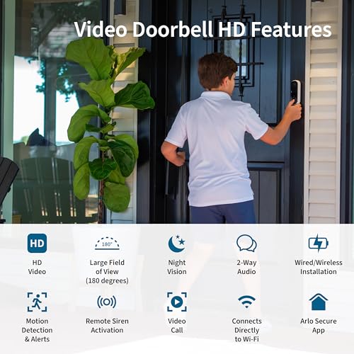 Arlo Video Doorbell HD | 2nd Gen | Wireless/Wired Option, 2-Way Audio, Night Vision, Head to Toe Video View, Integrated Siren | Live Stream | Real Time Notifications |180 Deg Wide View, White