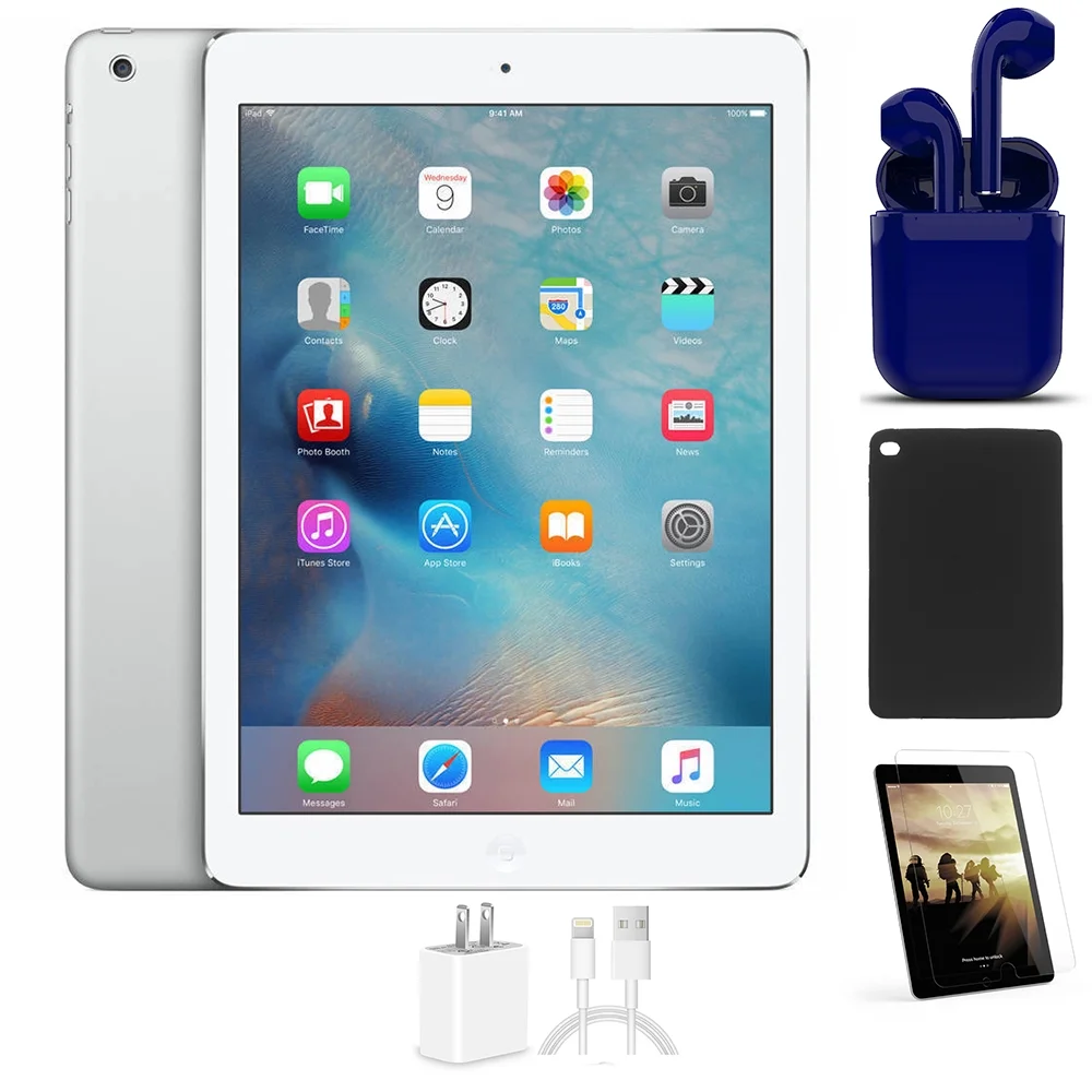 Open Box Apple iPad Air 16GB Silver Wi-Fi Only Bundle: Pre-Installed Tempered Glass, Case, Charger, Bluetooth/Wireless Airbuds By Certified 2 Day Express