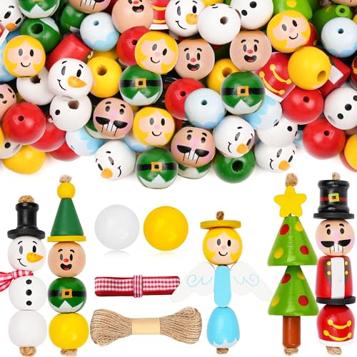 JOYIN 202 Pcs Christmas Wooden Beads Craft Kit, DIY Wood Bead Printed Ornaments Make Snowman, Santa Claus, Angel, Nutcracker, Tree for Christmas Hanging Decoration Holiday Xmas Art Activities for Kids