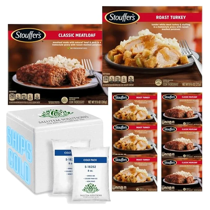 Salutem Vita™- Stouffer's Variety Pack Classic Ketchup Glazed Meatloaf Meal, 9.875 oz/Roast Tender White Turkey Frozen Meal, 9.625 oz  With Ice Cold Pack- Pack of 8