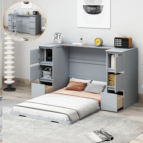 Merax Murphy Bed Full Size with Storage and High Stool, Floor Bed Frame with Drawers, Cabinets & USB Ports, for Guest Room, Home Office, White