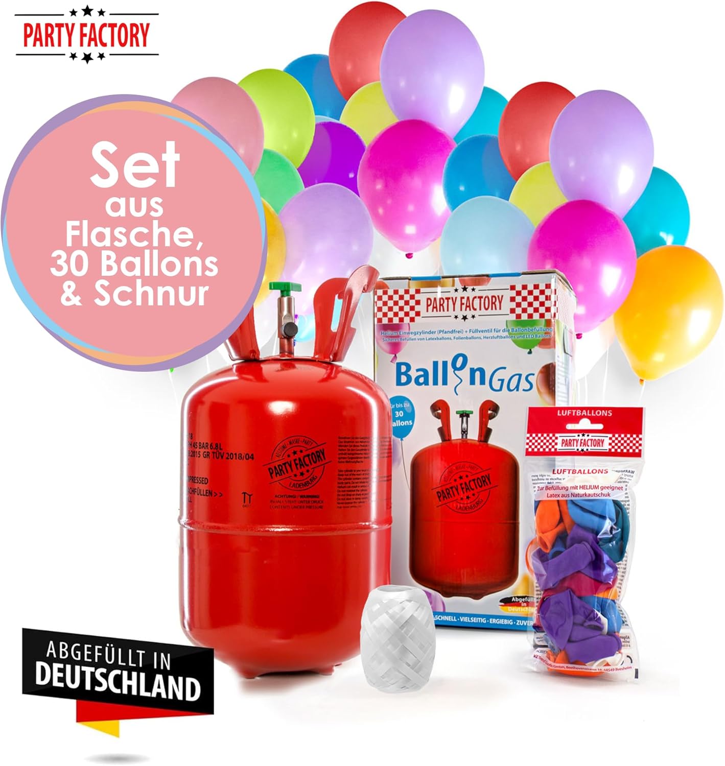 Party Factory Helium Tank for up to 30 Balloons incl. Latex Balloons, Helium Cylinder 7 cu. ft. Gas with filling quantity for Balloons, Ideal for Birthday Party, Wedding