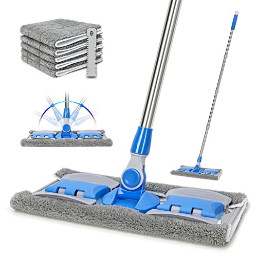 Professional Microfiber Hardwood Floor Mop, Flat Mops with 5 Pieces Reusable Washable Pads for Home and Office Wet or Dry Floor Cleaning (Sky Blue) - Radiant Selections