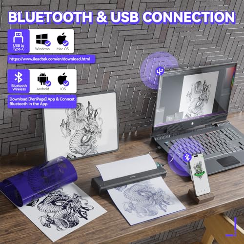 Wireless Tattoo Stencil Printer - Professional & Beginner Friendly, Bluetooth & USB Connectivity, Free Stencil Paper Included