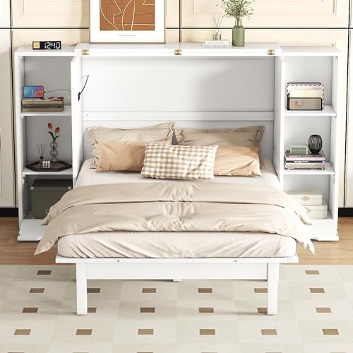 Queen Size Murphy Wall Bed With Storage and Bookcase Headboard, Solid Wood Cabinets, Shelves, Drawers and USB Ports, Multi-Function Platform for Home Office, Guest Room - White