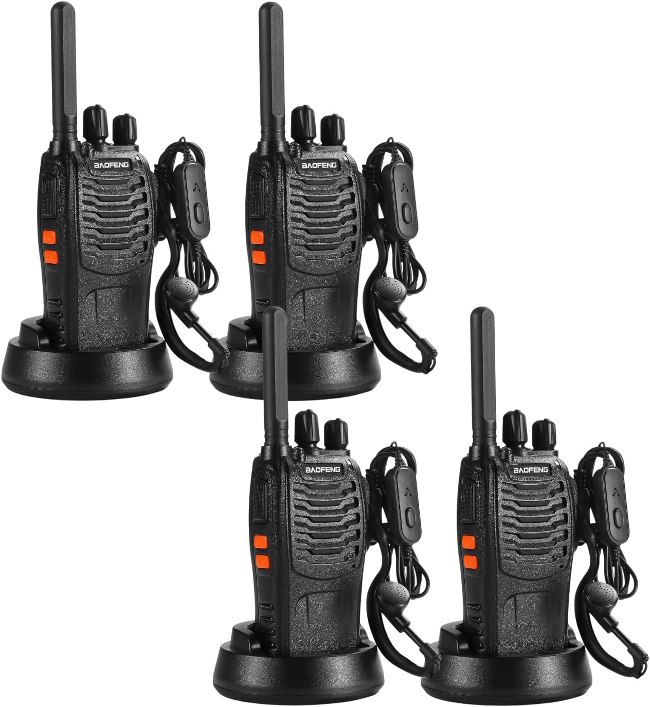 BAOFENG BF-88ST Walkie Talkies for Adults, Portable License-Free Walkie Talkie with Hands Free VOX USB Charging, Two Way Radios Long Range Rechargeable with Earpieces and Chargers (Black, 4 Pack) Pack of 2