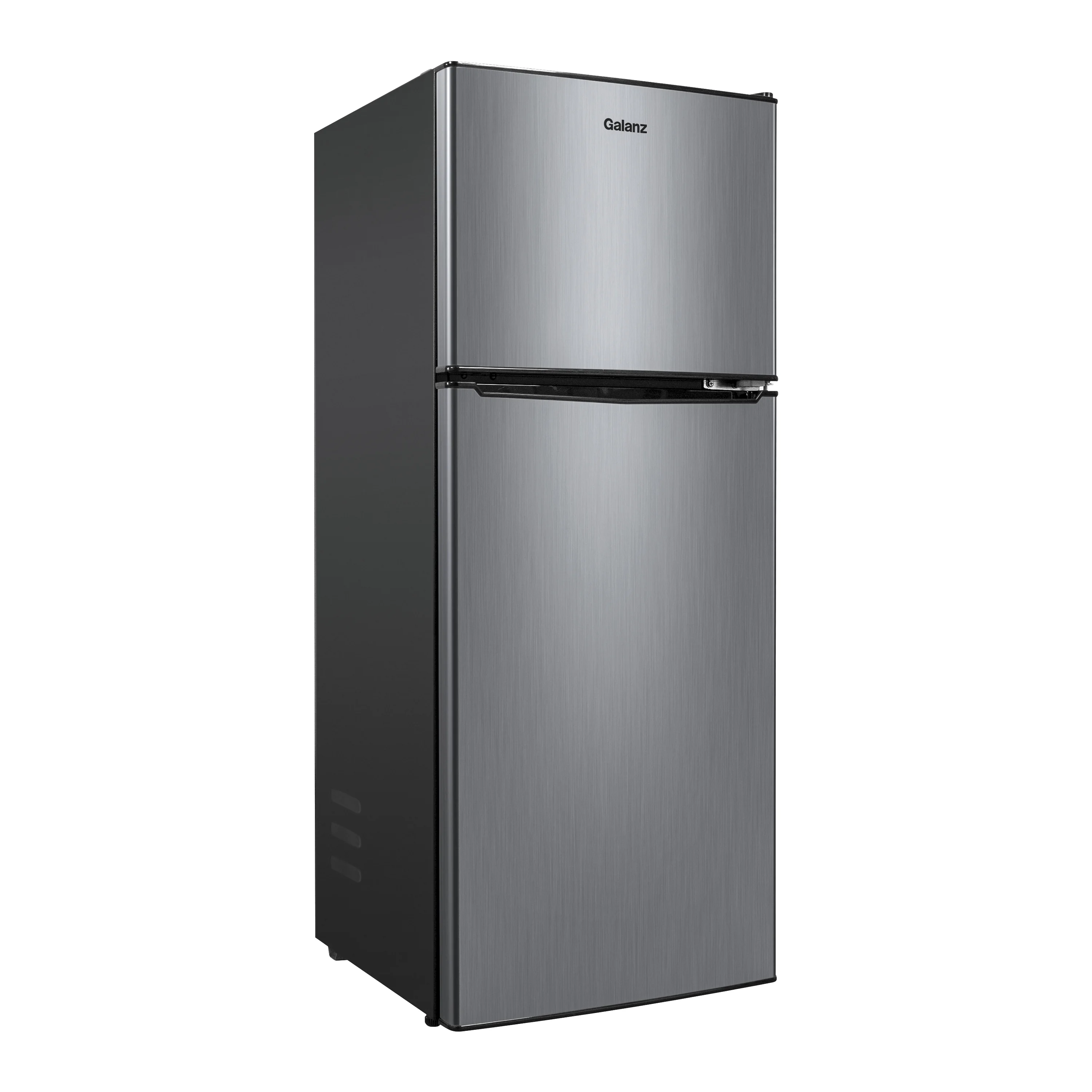 Galanz 4.6. Cu ft Two Door Mini Refrigerator with Freezer, Stainless Steel, New, Width 19.13