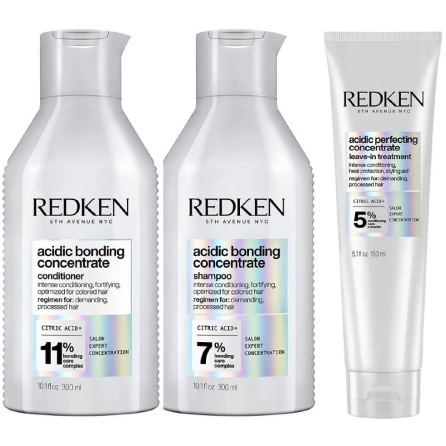 Redken Bonding Shampoo, Conditioner, & Leave-In Treatment Set for Damaged Hair | Acidic Bonding Concentrate | Repair and Strengthen Weak Hair Bonds | For All Hair Types | 10.1 Fl Oz