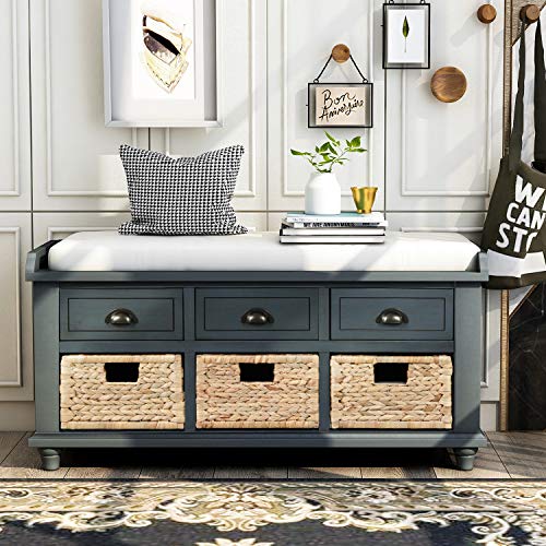 Wood Shoe Storage Benches with Cushion, Removable 2 Drawers for Entryway Livingroom Mudroom, Navy, 1 Rattan Baskets