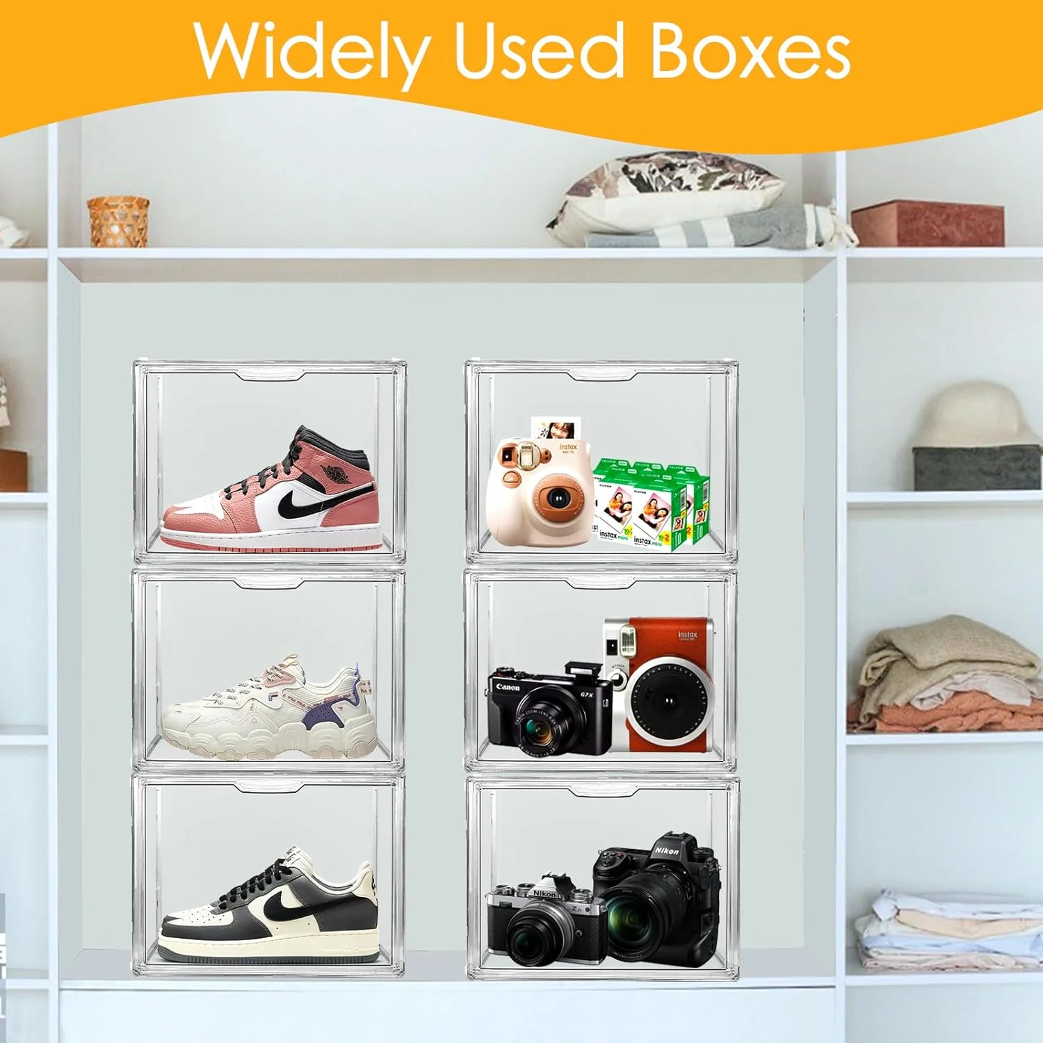 6Pack Purse Organizer for Closet Clear Acrylic Display Case Handbag Storage Organizer Box with Magnetic Door Stackable Storage Bins with Dustproof Lid for Book Toys Shoes Cosmetic Collectibles