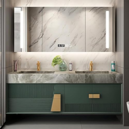 Double Bathroom Vanity Sink Set - Bathroom Vanity with Ceramic Basin Wall Mouted Cabinet includes Fashionable Green Solid Wood Cabinet Door Drawer (52IN)