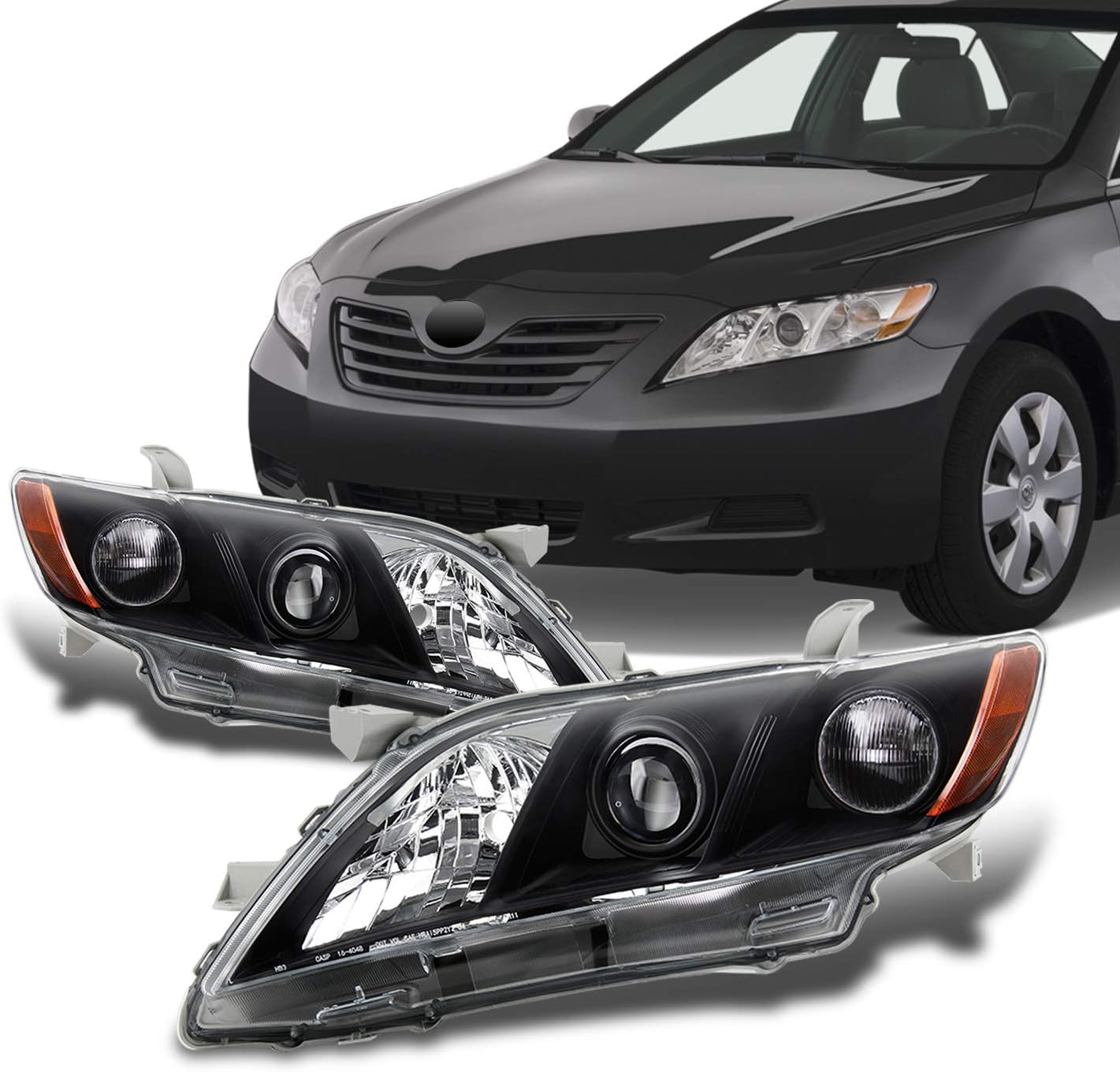 AKKON - Fits 2007-2009 Toyota Camry Sedan [Halogen Type] Projector Headlights Black Headlamps Pair Left Driver+Right Passenger
