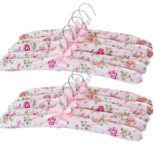 Padded Hanger, 10PCS Floral Padded Coat Hangers Bridal Wedding Dress Hanger Rack Soft Padded Hangers for Women Anti Slip Sweater Hangers for Clothes Skirts Closet