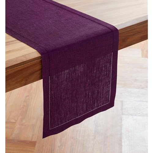 Solino Home Linen Chambray Lavender Table Runner 120 Inches Long - 100% Pure Linen Hemstitch Easter Table Runner 14 x 120 Inch for Dining, Wedding, Parties - Milan