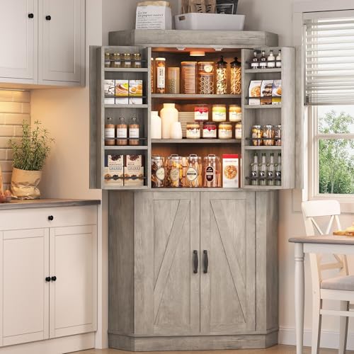 Corner Cabinet, Kitchen Pantry Cabinet, Storage Cabinet with 4 Doors and Shelves, Kitchen Cabinet, Pantry Cabinet, Tall Food Pantry Storage Cabinet Farmhouse Furniture for Kitchen Dining Room, Grey