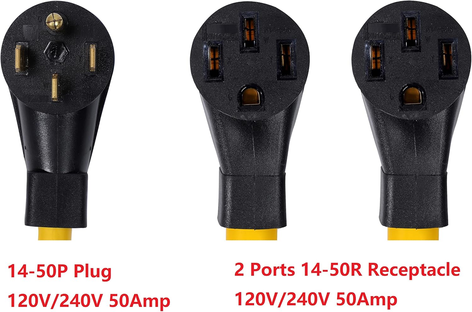 NEMA 14-50P to 2 Outlet 14-50R Y Splitter STW 6 AWG 3 Feet 120V/240V 50 Amp 4 Prong Male Plug Female Receptacle Welder Generator Dryer RV Power Cord Adapter