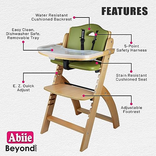 Abiie Beyond Junior Wooden High Chair with Tray - Convertible Baby Highchair - Adjustable High Chair for Babies/Toddlers/6 Months up to 250 Lbs - Stain & Water Resistant Mahogany Wood/Olive Cushion