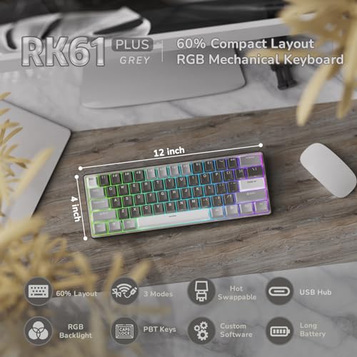 RK ROYAL KLUDGE RK61 Plus Wireless Gaming Keyboard, 60% Percent Mechanical Keyboard with Bluetooth/2.4Ghz/USB Modes, Hot Swappable RGB Keyboard for PC Gamers, Silent Linear Viridian Switches