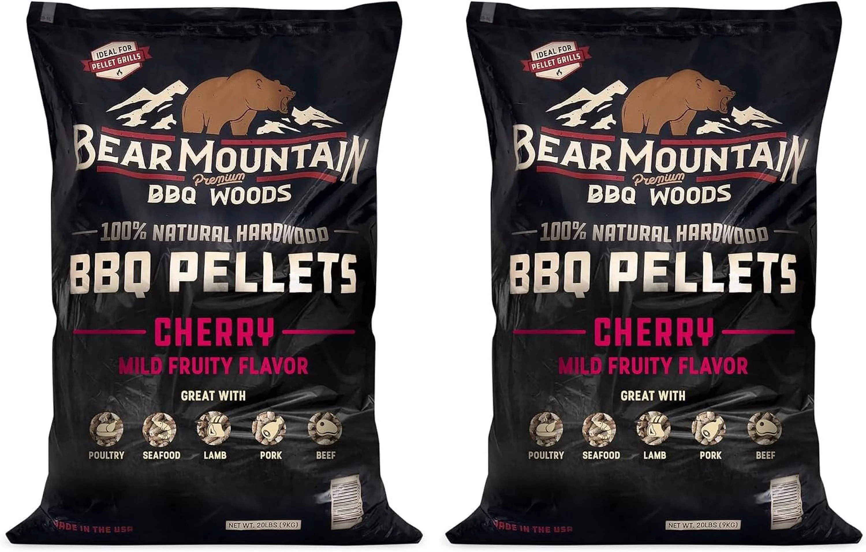 Bear Mountain BBQ FK13 Premium All-Natural Hardwood Mild and Fruity Cherry BBQ Smoker Pellets for Outdoor Grilling, 20 Pounds 2 Pack