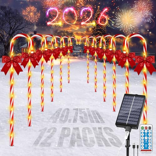 Christmas Solar Candy Cane Pathway Lights, 24PCS 240LED Christmas Light Outdoor Decorations with Red Bow Waterproof, 8 Modes Timer Remote Walkway Garden Lights for Xmas Home Yard Lawn Patio Decor