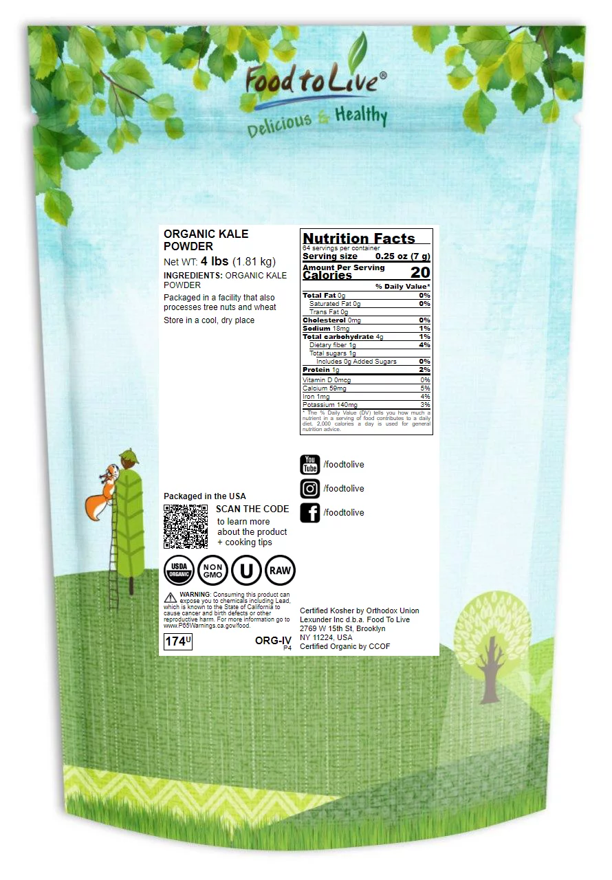Organic Kale Powder, 4 Pounds — Non-GMO, Kosher, Raw, Vegan — by Food to Live