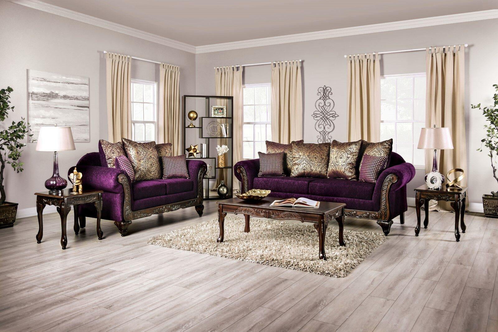 Traditional Purple Chenille Sofa and Loveseat FOA Casilda