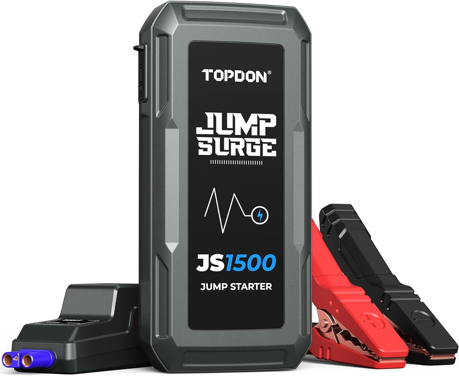 Jump Starter Car Battery Charger TOPDON JS1500 12V 1500A 10000mAh Lithium Battery Booster with Smart Clamp Cables for Up to 6.5L Gas, 4.0L Diesel