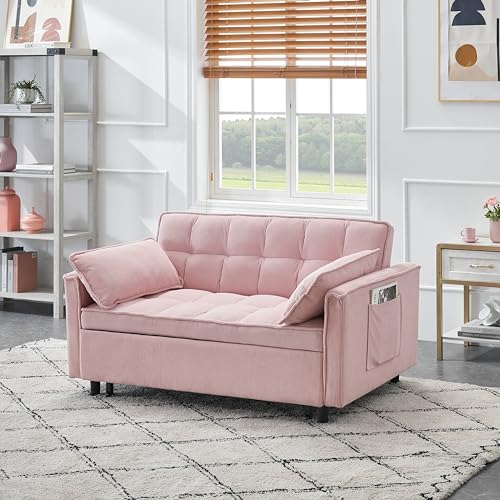 Pull-Out Corduroy Sofa Bed, 3-in-1 Convertible Sleeper Chair Couch Bed, Love seat Chaise Lounge with Side Pockets for Living Room, Bedroom, Office (Beige)