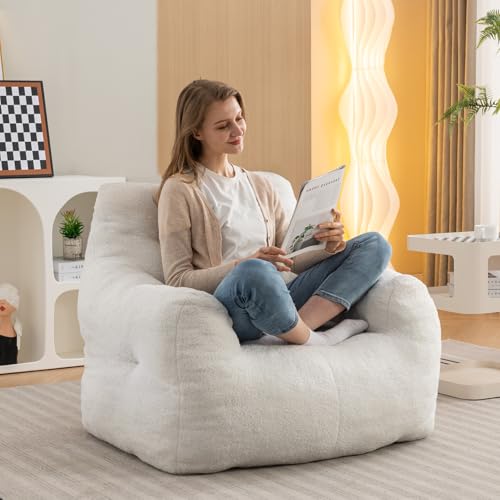 Bean Bag Chair for Adults, Giant Bean Bag Sofa Chair with Armrests, Teddy Plush Lazy Sofa Comfy Chair, Big Comfy Chair with Pocket, for Livingroom Bedroom Apartment (Ivory)