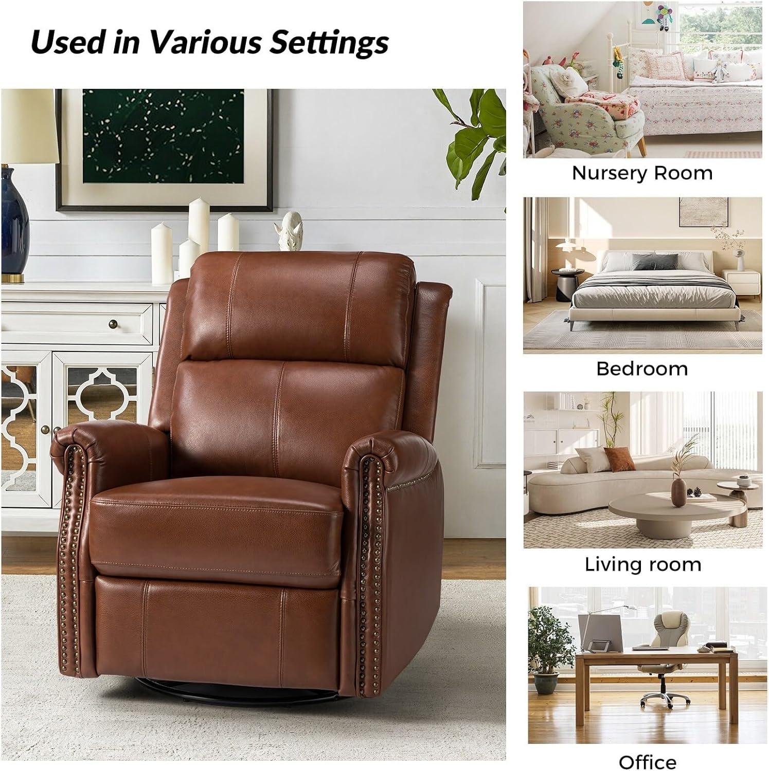 HULALA HOME Renato Traditional Genuine Leather Nailhead Power Swivel Recliner with Metal Base by BROWN