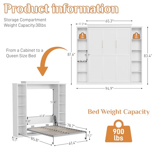 Rophefx Queen Murphy Bed Cabinet with 5-Tier Adjustable Storage Shelves, Queen Wall Bed Cabinet Bed, Wood Space Saving Beds, Foldable Platform Beds, Hidden Bedframe for Guest Room, Bedroom,Grey