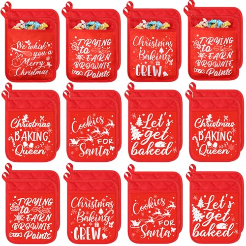 WILLBOND 24 Piece Christmas Pot Holders with Pockets - Red Funny Heat Resistant Oven Mitts for Baking & Cooking