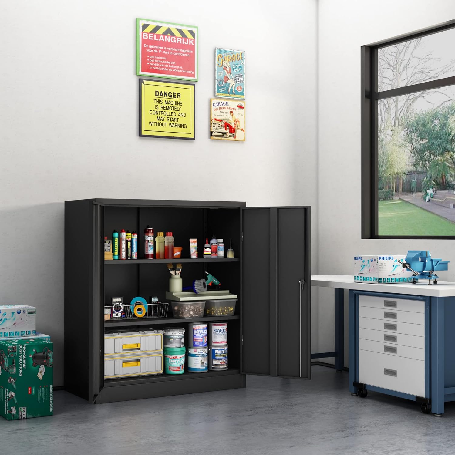 Tool Cabinet, Locking Metal Storage Cabinet with Adjustable Shelves, Small Garage Storage Cabinet for Home Office, Black, W36'' x D18'' x H41.6'', Assembly Required