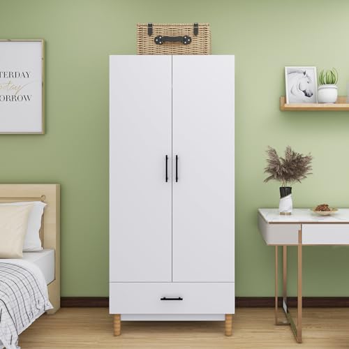 Armoire Wardrobe Closet Wood: 2 Drawers 2 Door Wardrobe Cabinet White with Large Capacity with Hanging Rod Handles for Bedroom Tall Armoire Storage Cabinet 31.5