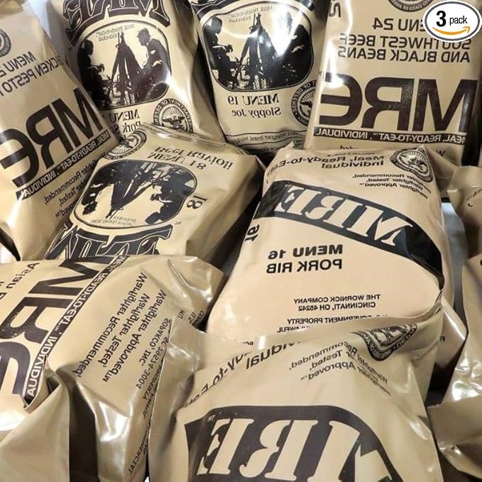 MRE meals military 2024, 2025 inspection date. 3 PACK single variety meals. 1250 cals per individual meal for camping, hiking, survival. Genuine US emergency food sale