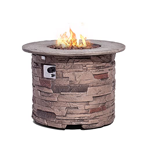 COSIEST Outdoor Propane Concrete Fire Pit Table w Imitation Stone Surface 32-inch Round Fire Table, CSA Certified, 40,000 BTU Stainless Steel Burner, Free Lava Rocks, Fits 20lb Tank Inside