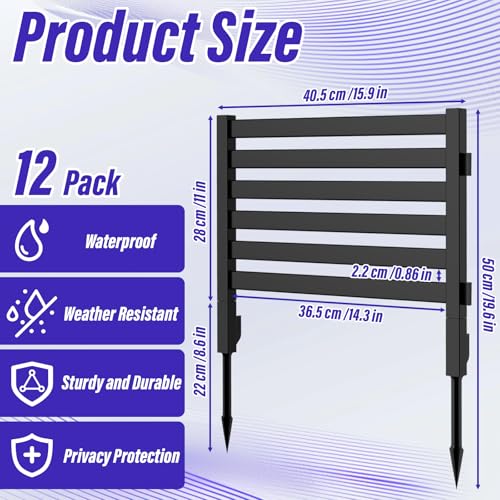 Fence Privacy Screen Decorative Garden Fence Panels 12 Pack Plastic No Dig Animal Barrier Fence Air Conditioner Fence for Outside Lawn Patio Backyard Black