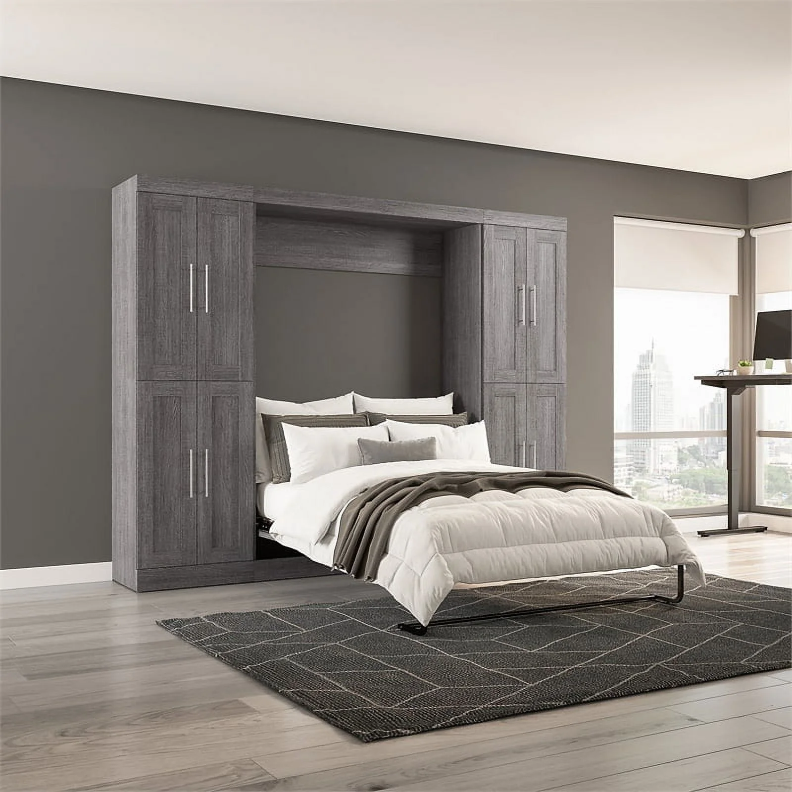 Bestar Pur Engineered Wood Full Murphy Bed with Storage Cabinets in Bark Gray
