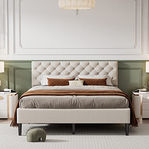 Modern Upholstered Linen Platform with Adjustable Headboard, Heavy Duty Button Tufted Frame Wood Slat Support for Girls Boys Teens, Easy Assembly, No Box Spring Needed (Gray, Twin)
